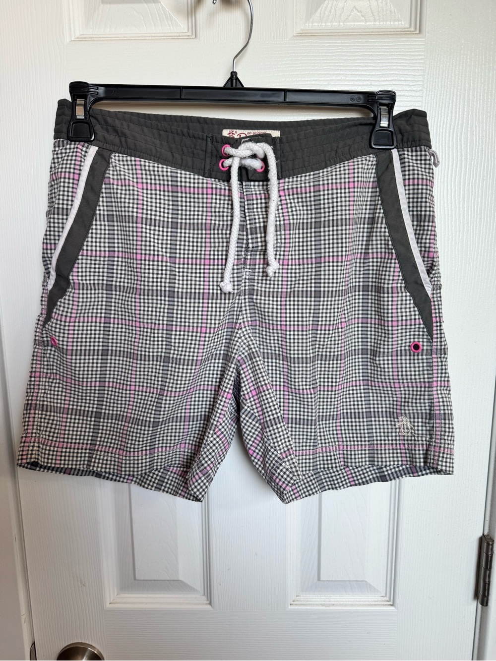 Original Penguin Gray Plaid Swim Shorts with Pink Accents